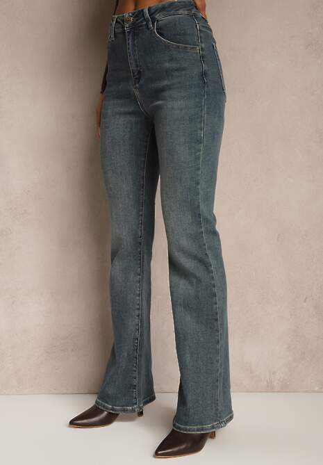 Niebieskie Jeansy High Waist o Kroju Dzwonów Feseara