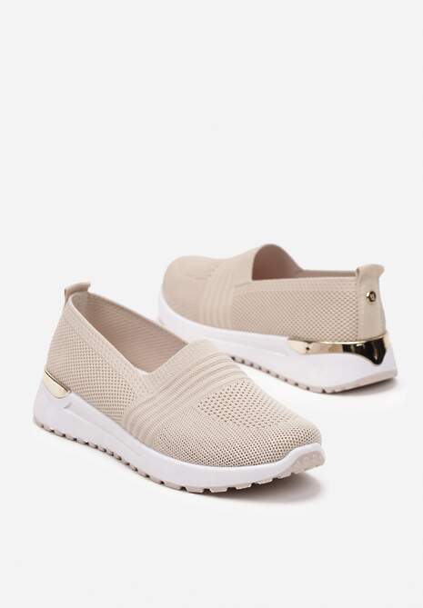 Beżowe Tenisówki Elastyczne z Metaliczną Wstawką na Zapiętku Jestella