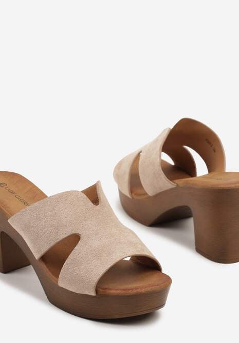 Ciemnobeżowe Klapki na Słupku i Platformie Ozdobione Wycięciami Tuvaline