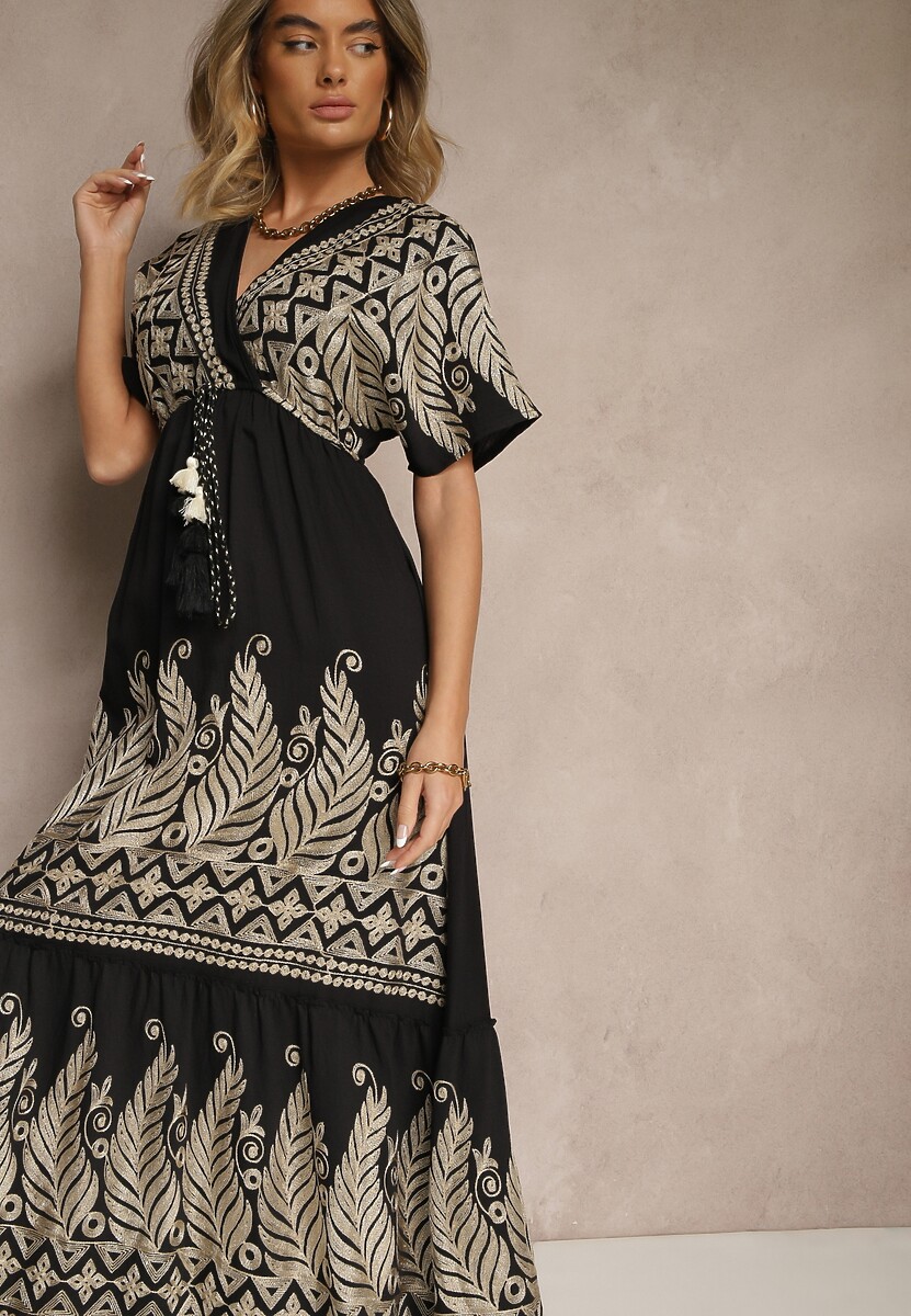 Zielona Wiskozowa Sukienka Boho o Kopertowym Kroju z Metalicznym Haftem Redeselle