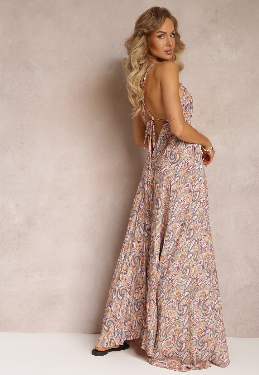Beżowa Rozkloszowana Sukienka Maxi Wiązana na Szyi z Wiskozy z Printem Paisley Olympie