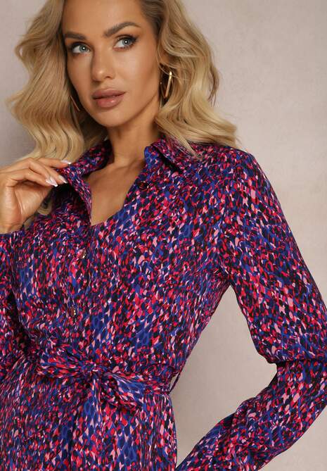 Granatowo-Fuksjowa Sukienka Koszulowa Wiązana w Pasie Shelah