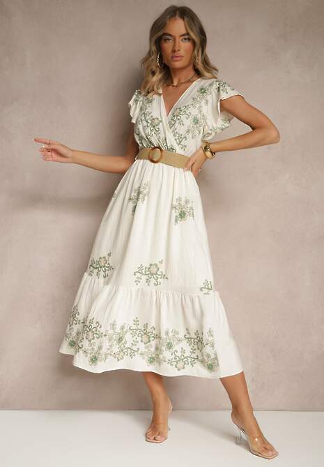 Biało-Zielona Kopertowa Sukienka z Wiskozy Ozdobiona Haftem i Paskiem Nilatea