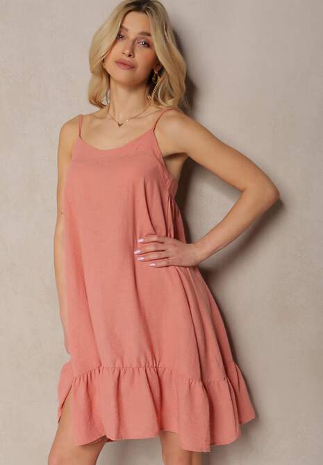 Ciemnoróżowa Sukienka na Ramiączkach o Rozkloszowanym Kroju z Wiązaniem z Tyłu i Falbanką Palara