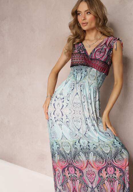 Niebiesko-Bordowa Kopertowa Sukienka Maxi z Gumkami w Talii i Ściągaczami na Ramionach Hannele