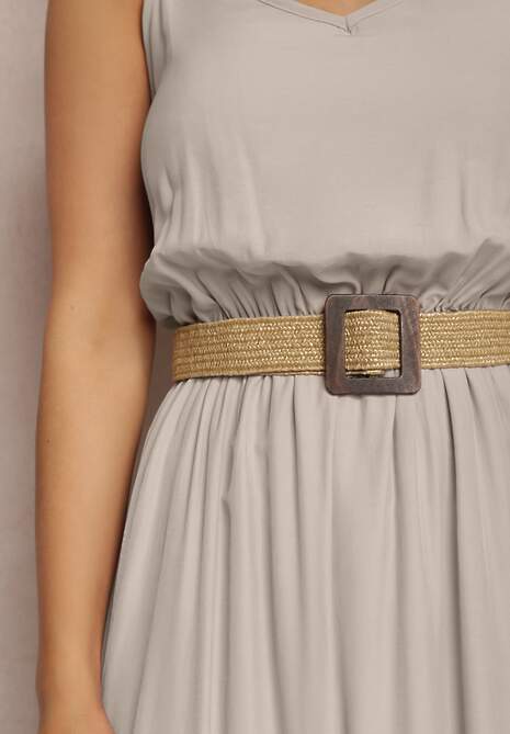 Beżowa Sukienka z Paskiem Auxonia