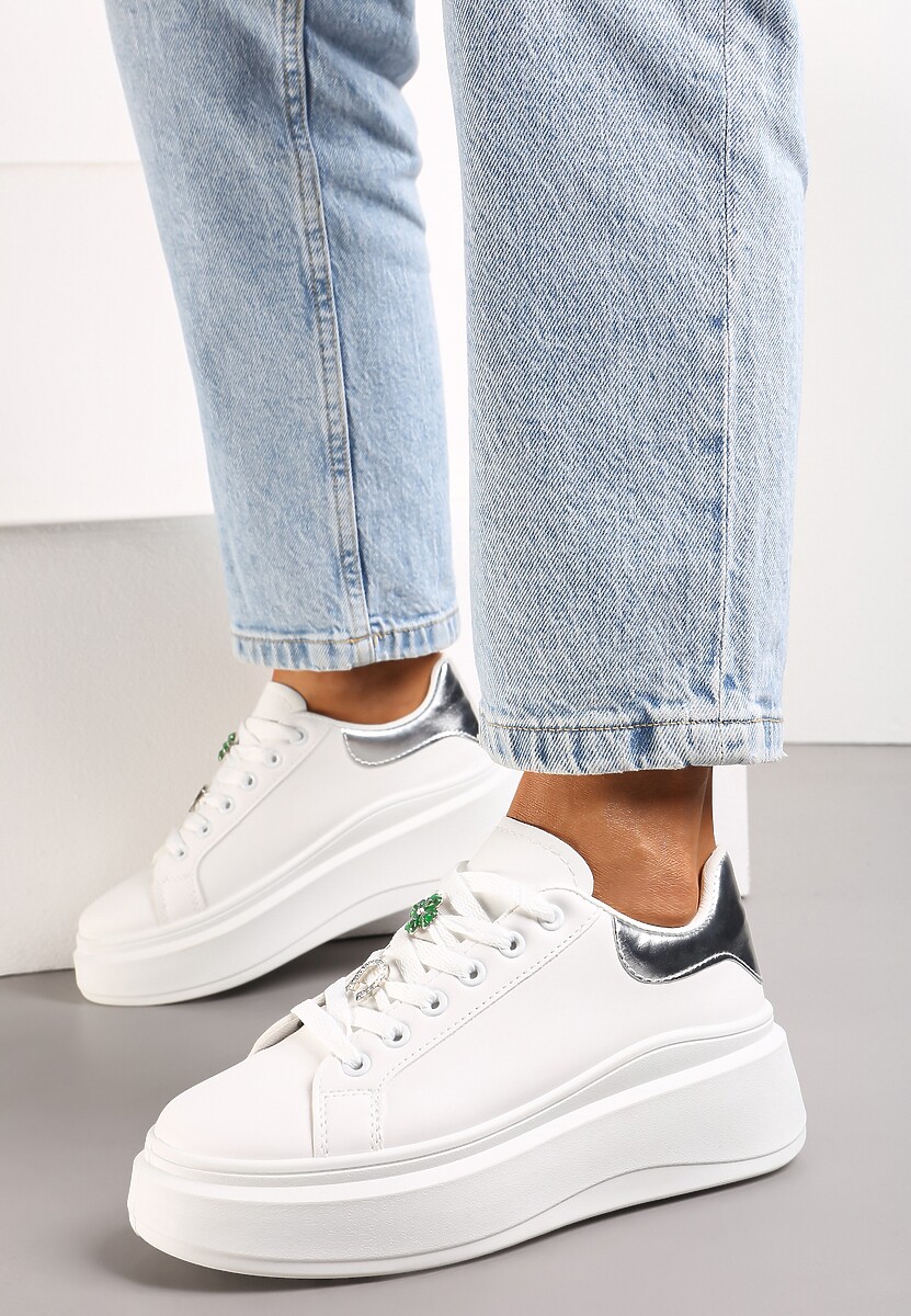 Biało-Srebrne Sneakersy Ozdobione Cyrkoniami i Kwiatami na Grubej Podeszwie Rainasse