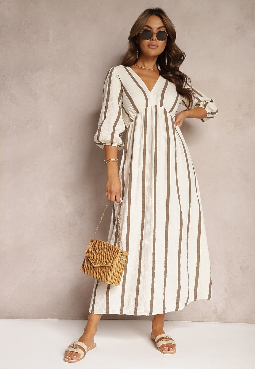 Beżowa Bawełniana Sukienka w Paski o Rozkloszowanym Kroju Legelia