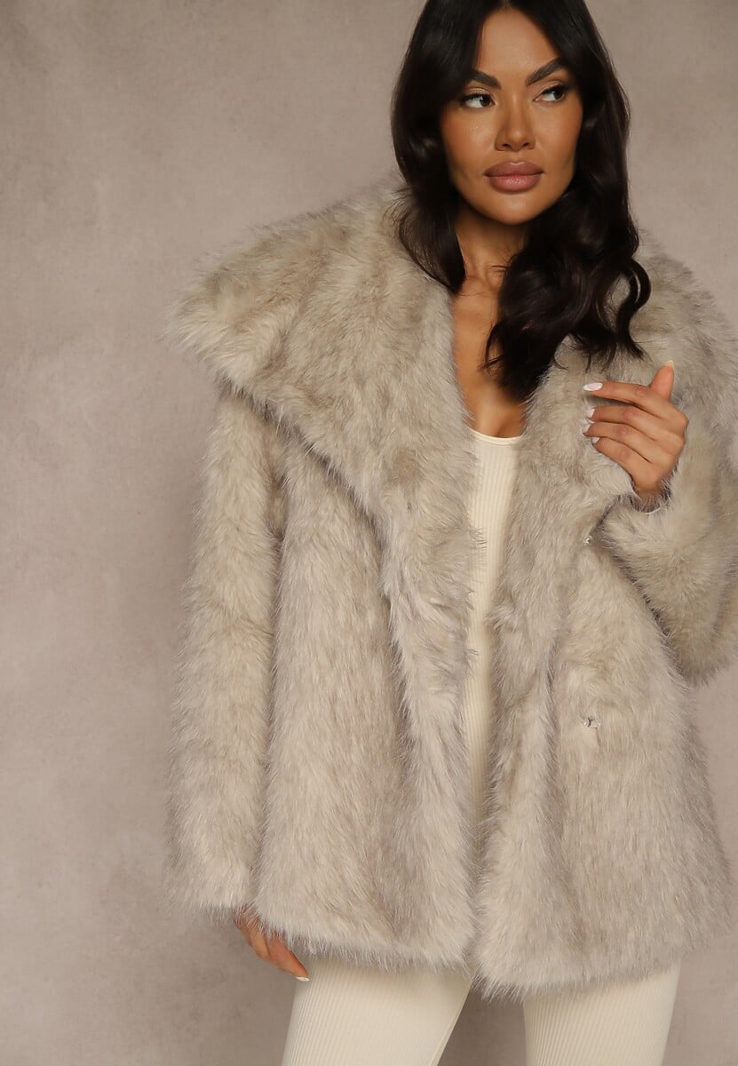 Brązowa Dwurzędowa Kurtka Futerko Oversize Nenalla