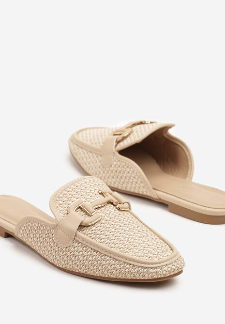 Beżowe Klapki Mule Zdobione Tweedem i Elegancką Aplikacją Sonelina