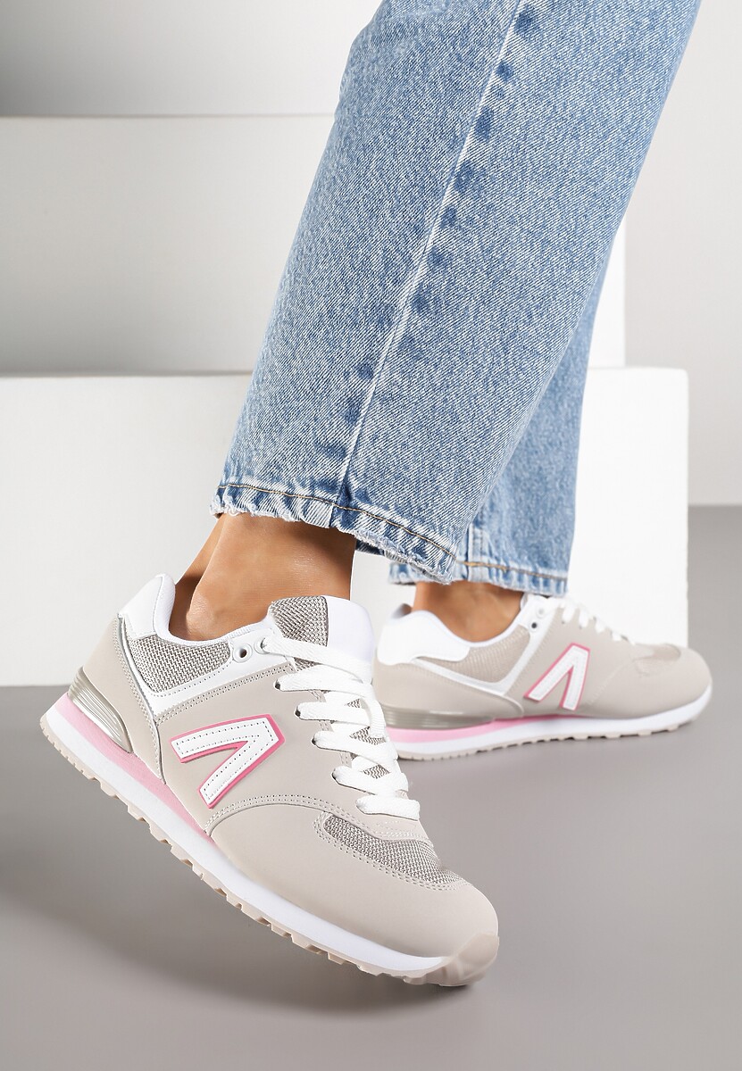 Beżowo-Szare Sneakersy Ozdobione Geometrycznym Motywem Rilenessa