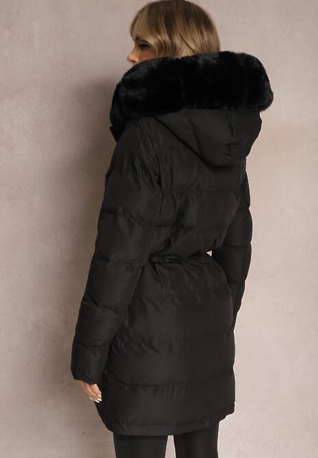 Czarna Pikowana Kurtka z Futerkiem i Kapturem Merlara