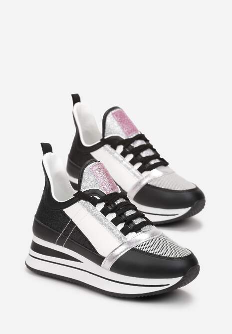 Czarne Płaskie Sneakersy na Grubej Podeszwie ze Sznurowaniem Ozdobione Brokatem Krisfina