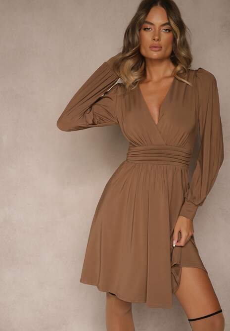 Brązowa Sukienka z Wiskozą o Rozkloszowanym Kroju Selaitea