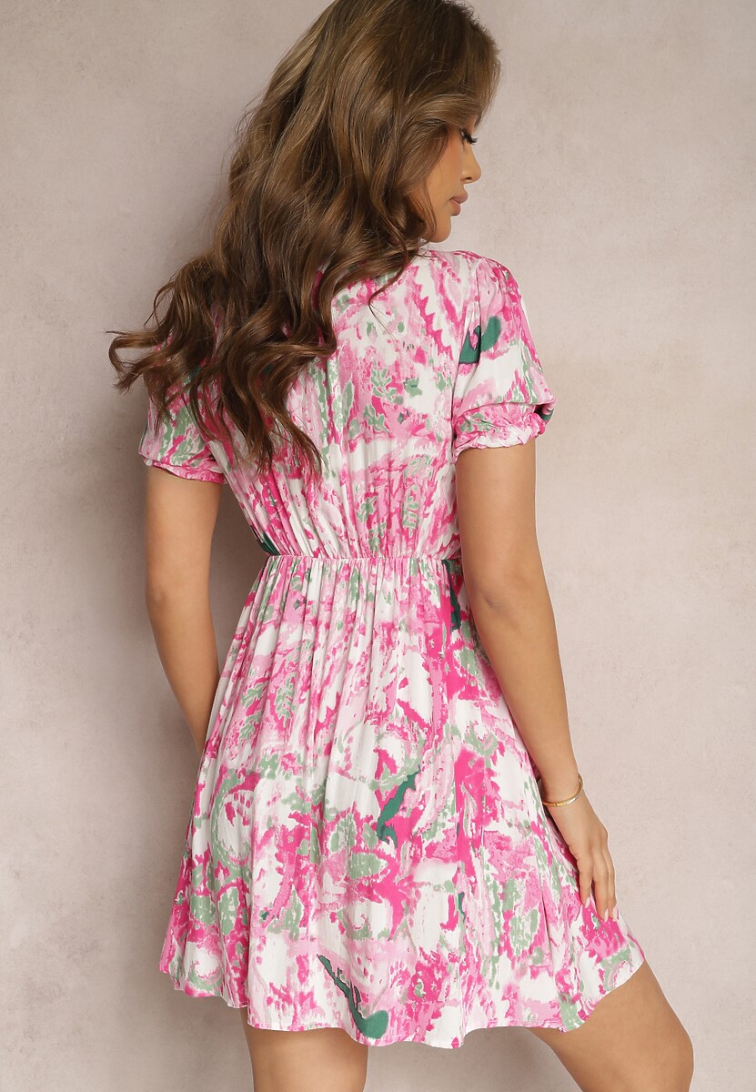 Fuksjowa Wiskozowa Sukienka o Rozkloszowanym Fasonie Zwężana pod Biustem Nellama