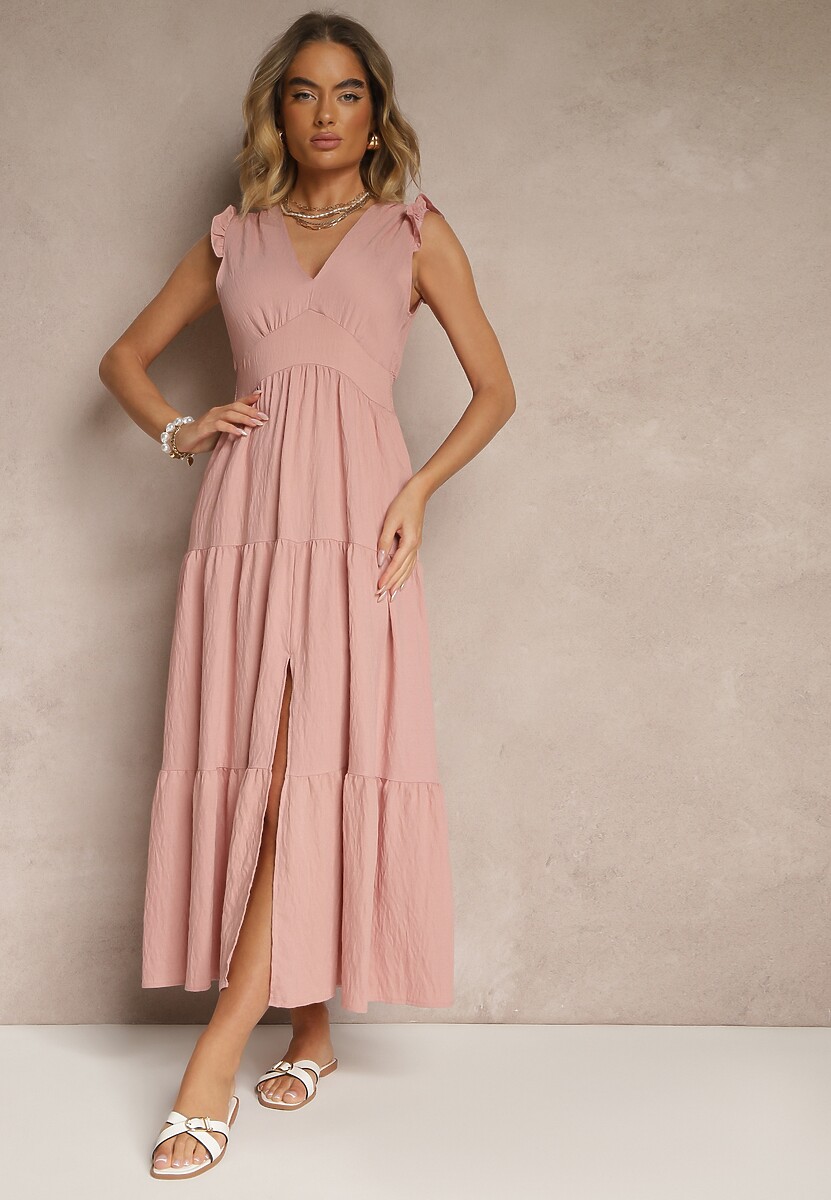 Różowa Sukienka z Wiskozy Ozdobiona Falbankami Sadovene