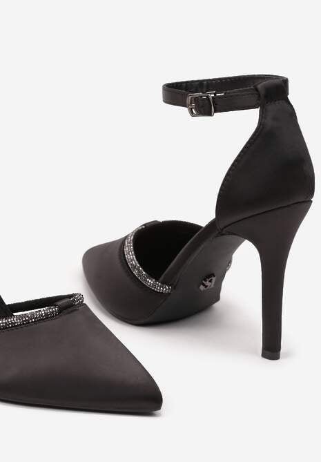 Czarne Satynowe Szpilki Vices z Wkładką ze Skóry Naturalnej i Ozdobnym Cyrkoniowym Paskiem Lizzeth