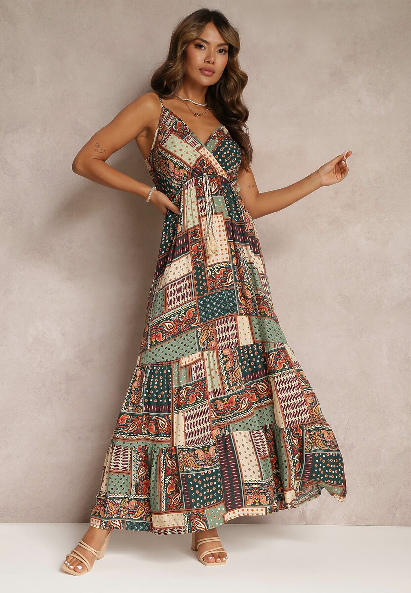 Zielona Wiskozowa Sukienka o Kopertowym Kroju w Print Patchwork Grehan