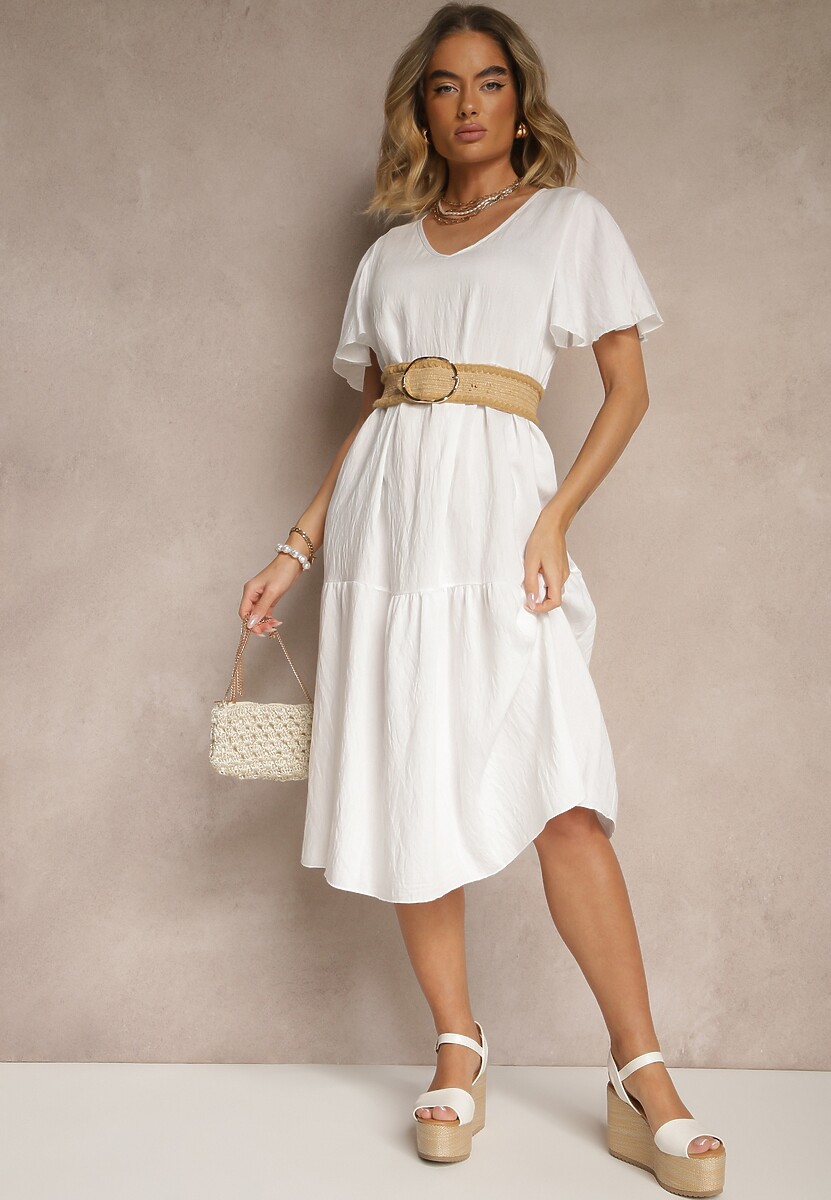 Biała Rozkloszowana Sukienka z Wiskozy z Dekoltem w Serek Natasella