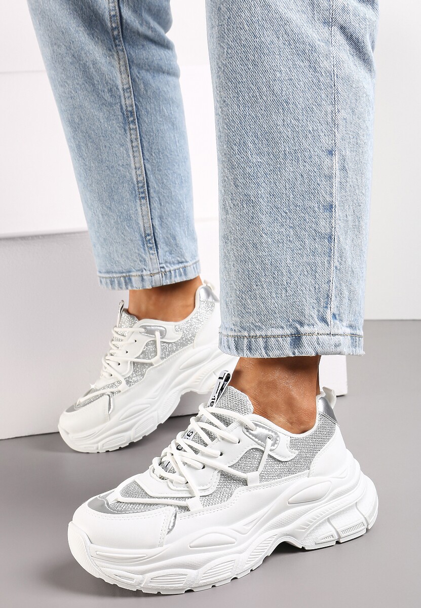 Białe Sneakersy na Grubej Podeszwie z Brokatem Giggsia