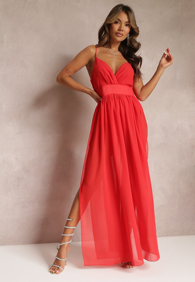 Czerwona Rozkloszowana Sukienka Maxi z Gumką w Pasie i Majtkami Medane