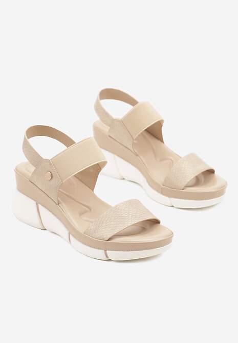 Beżowe Sandały na Koturnie ze Żłobieniami z Elastycznym Zapięciem i Brokatem Lisanisea