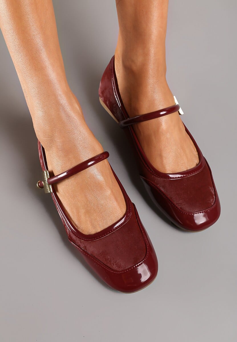 Bordowe Balerinki ze Wstawkami ze Skóry Naturalnej o Lakierowanym Połysku ze Sprzączką Alvitta