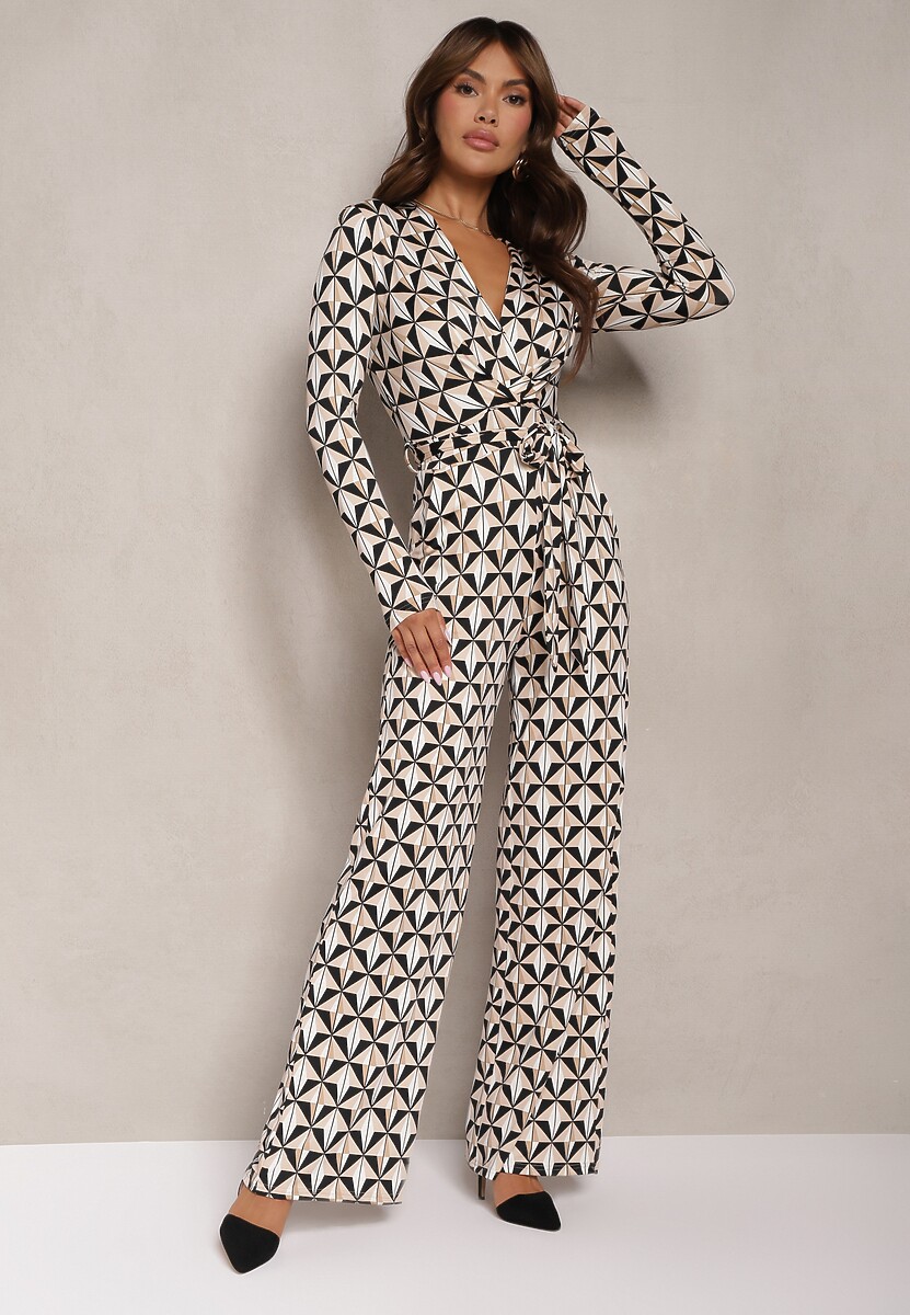Beżowo-Czarny Kombinezon o Taliowanym Fasonie z Materiałowym Paskiem i Geometrycznym Printem Fenoria