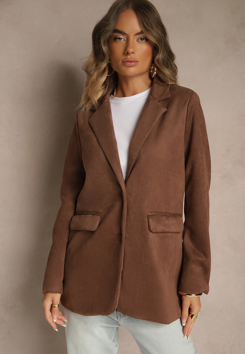 Beżowa Oversizowa Marynarka Pudełkowa z Imitacji Zamszu Alenella