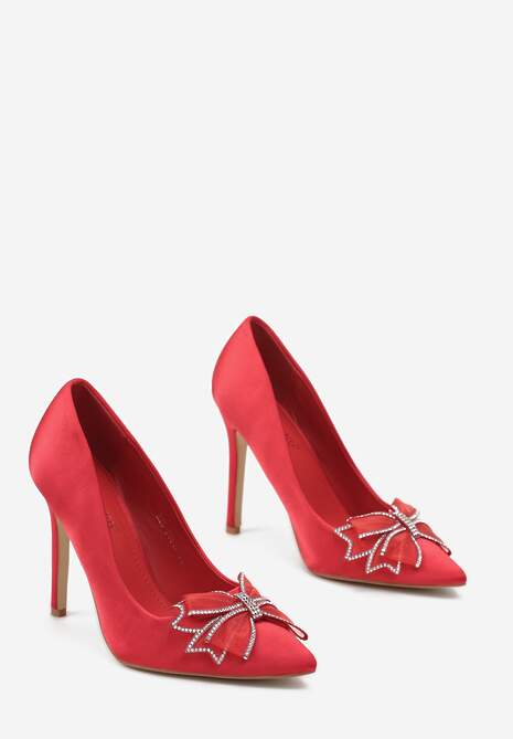 Czerwone Szpilki z Satynową Cholewką i Kokardą z Cyrkoniami Warria