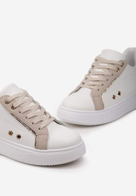 Biało-Beżowe Sneakersy z Metalicznymi Wstawkami na Grubej Podeszwie Amoone