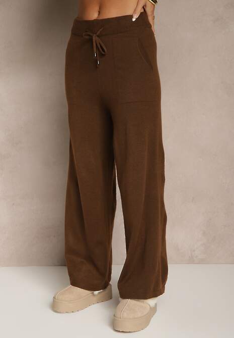 Brązowy Komplet z Dzianiny Spodnie Wide Leg i Retro Kardigan Giosila