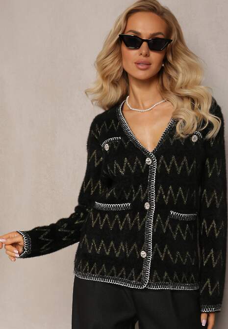 Czarny Kardigan na Guziki w Cyrkonie z Metaliczną Nitką Sianasa