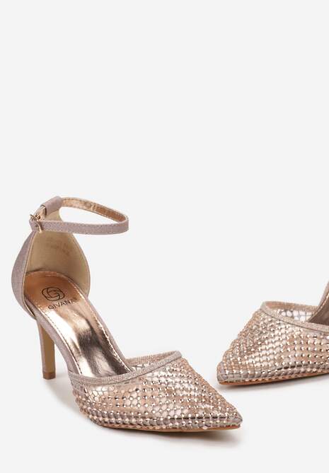 Szampańskie Sandały na Szpilce ze Szpiczastym Noskiem z Siateczką w Cyrkonie Lioffa
