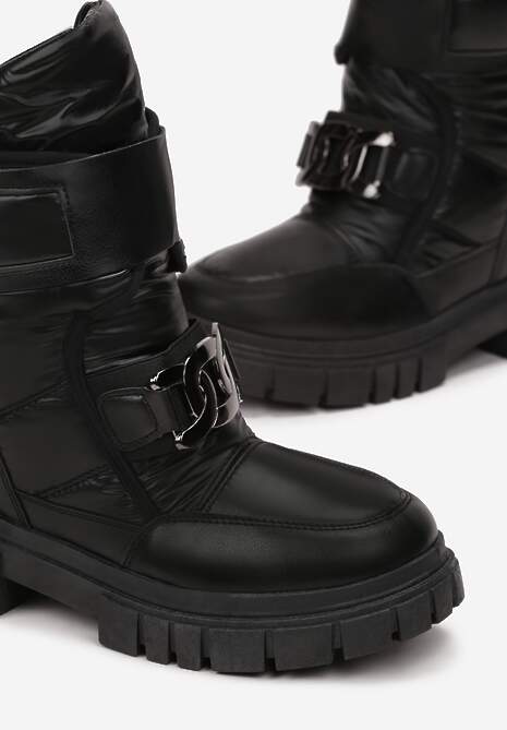 Czarne Pikowane Śniegowce z Klamrą w Kształcie Łańcucha Inaol