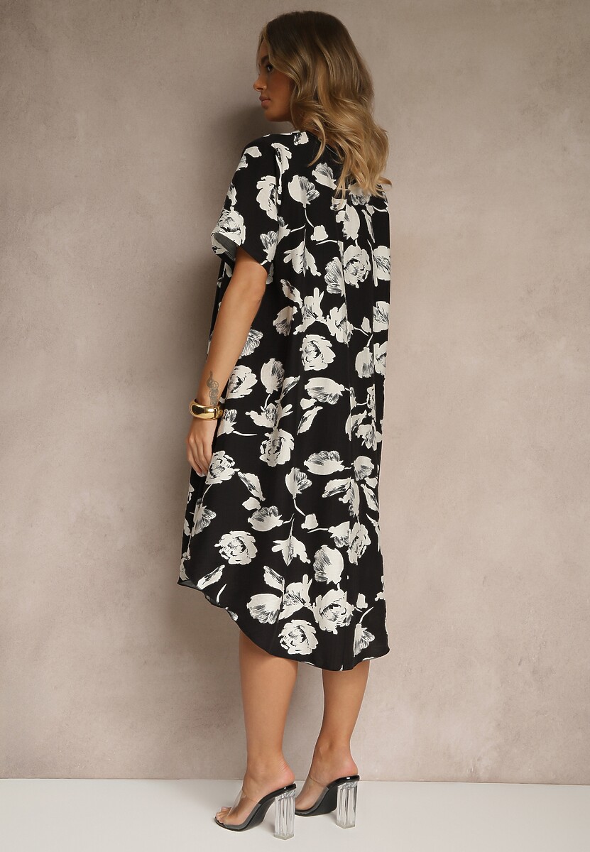 Czarna Sukienka Pudełkowa z Wiskozy w Kwiaty Aranolia