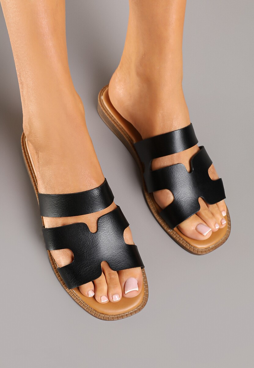 Czarne Wsuwane Klapki z Wycięciami Olialin