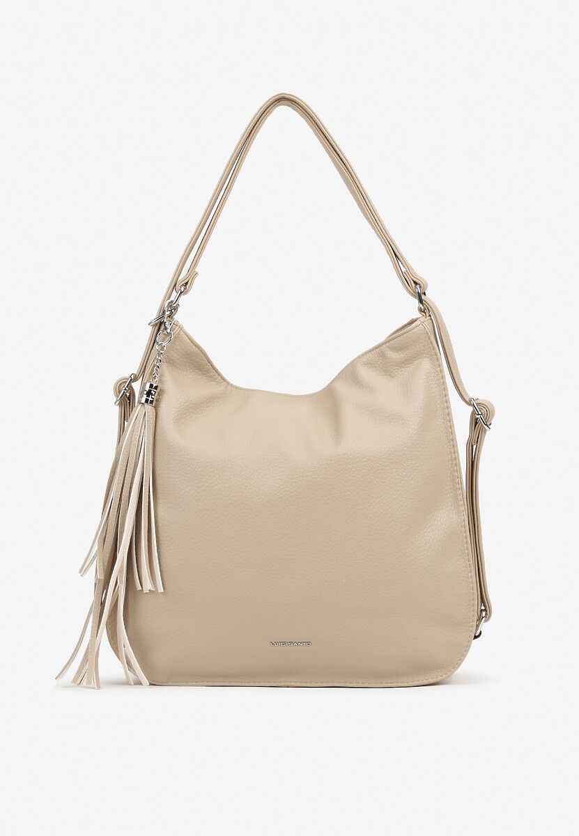 Beżowa Torebka na Ramię z Frędzlami i Suwakami Rivkio