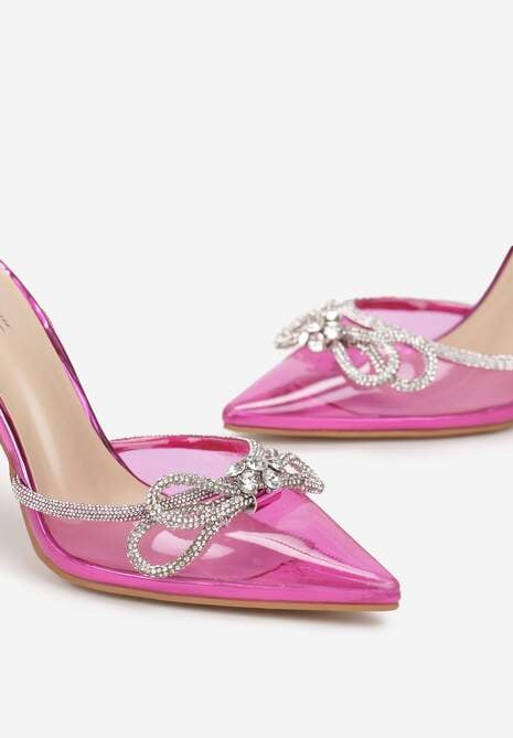 Różowe Transparentne Sandały na Szpilce z Cienkimi Paskami z Cyrkoniami Pepis