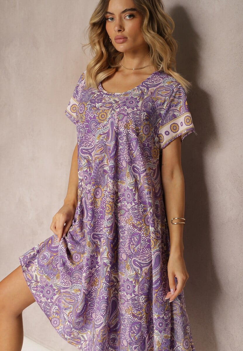 Niebieska Sukienka Boho z Wiskozy z Cienkim Paskiem w Talii Rivasea