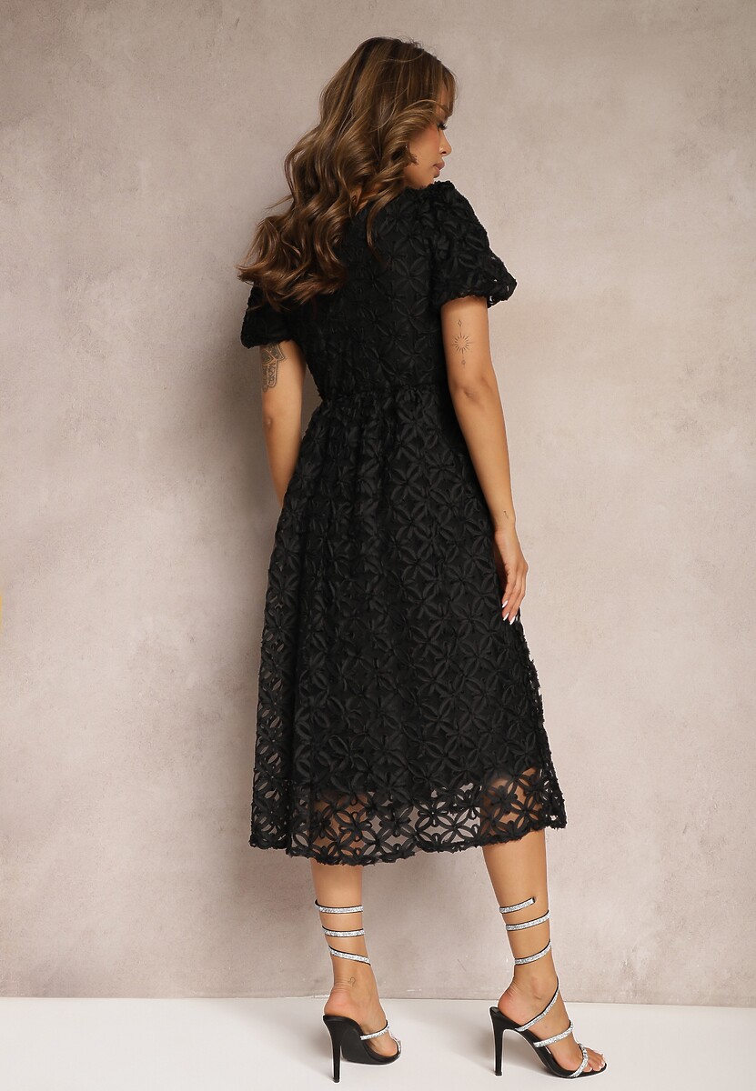 Czarna Sukienka z Tiulem we Wzory o Rozkloszowanym Fasonie Zorbia