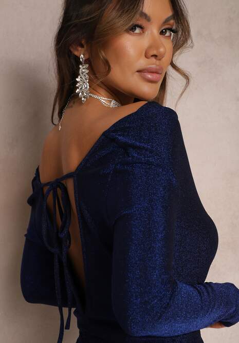 Granatowa Połyskująca Sukienka Midi z Odkrytymi Plecami Nedastia