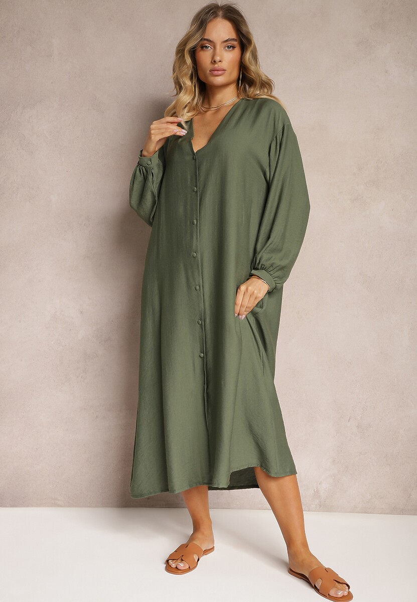 Ciemnozielona Sukienka w Stylu Koszulowym z Bufiastymi Rękawami i Wiskozą Denisea