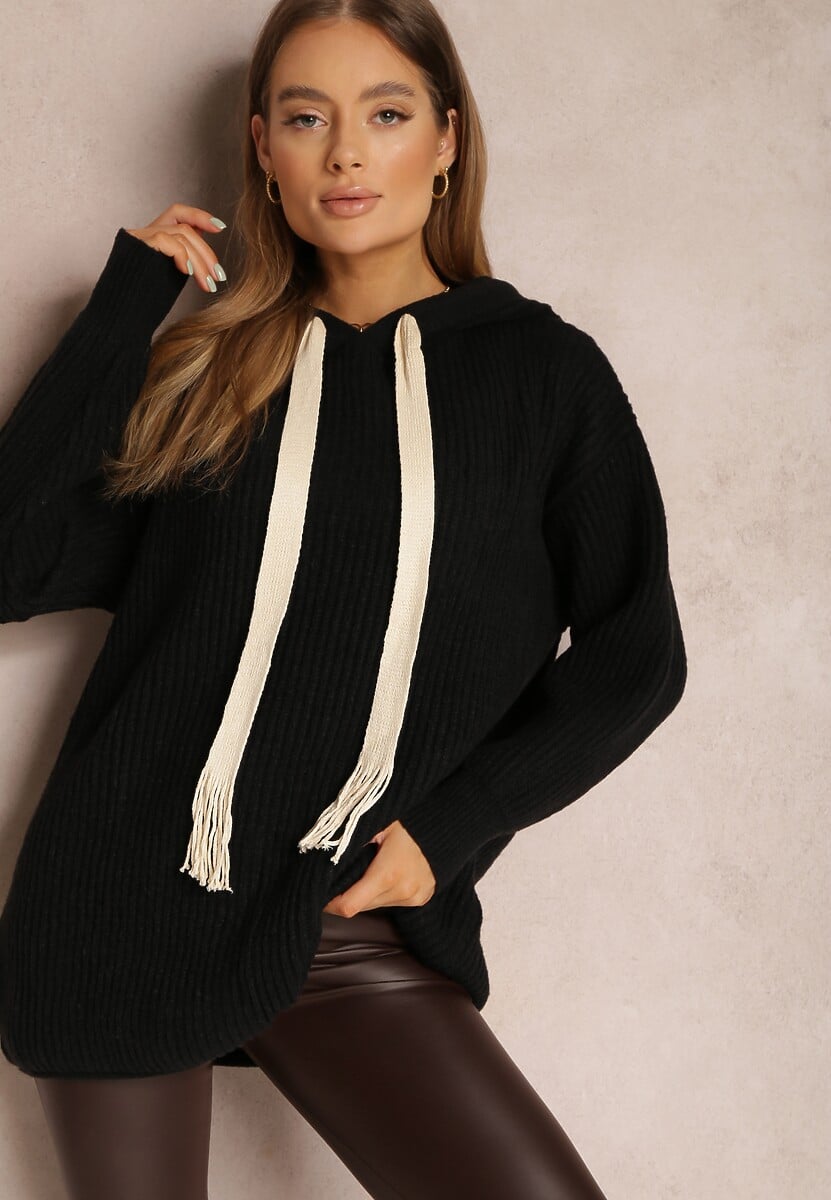 Czarny Sweter Oversize z Kapturem Ukuroa