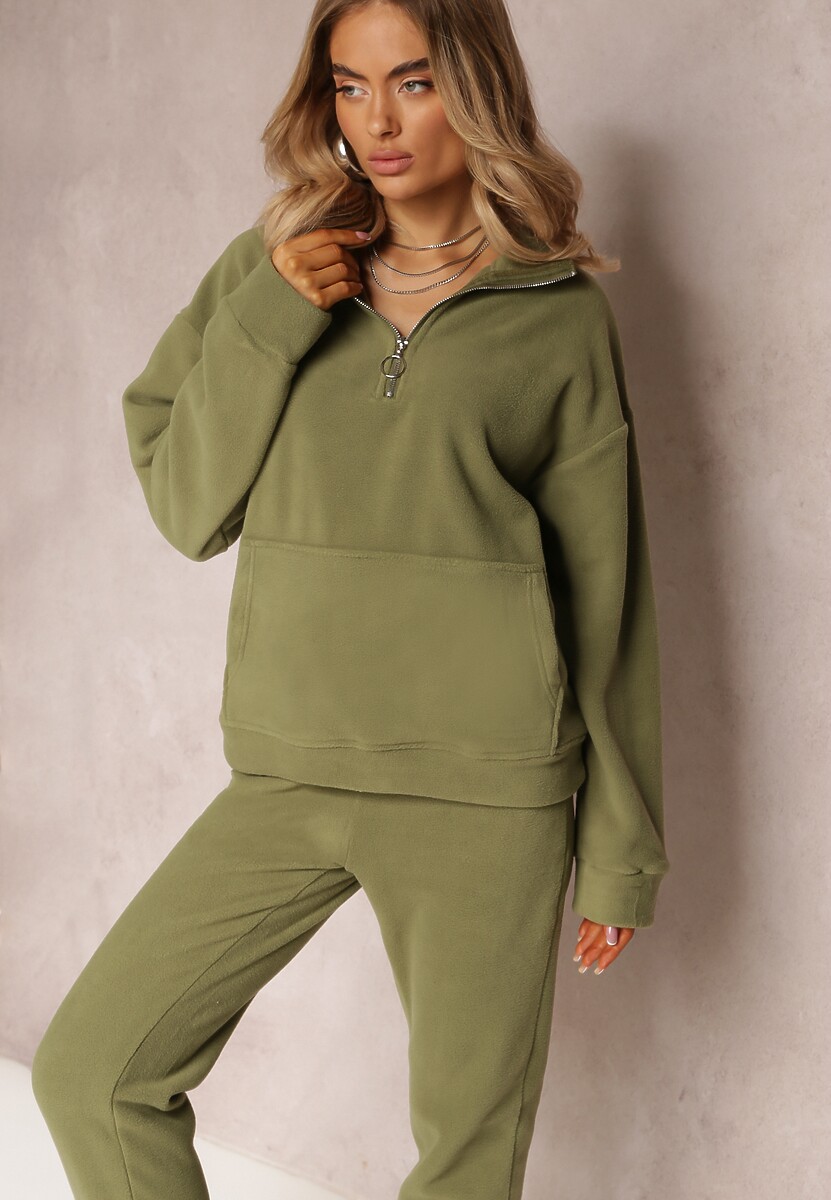Fuksjowy Komplet Dresowy z Polaru Bluza z Krótkim Suwakiem i Spodnie Joggery Hypamena