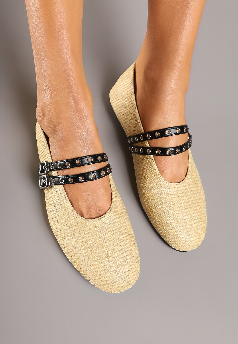 Beżowe Balerinki z  Tweedowym Akcentem i Dwiem Sprzączkami Gavirna