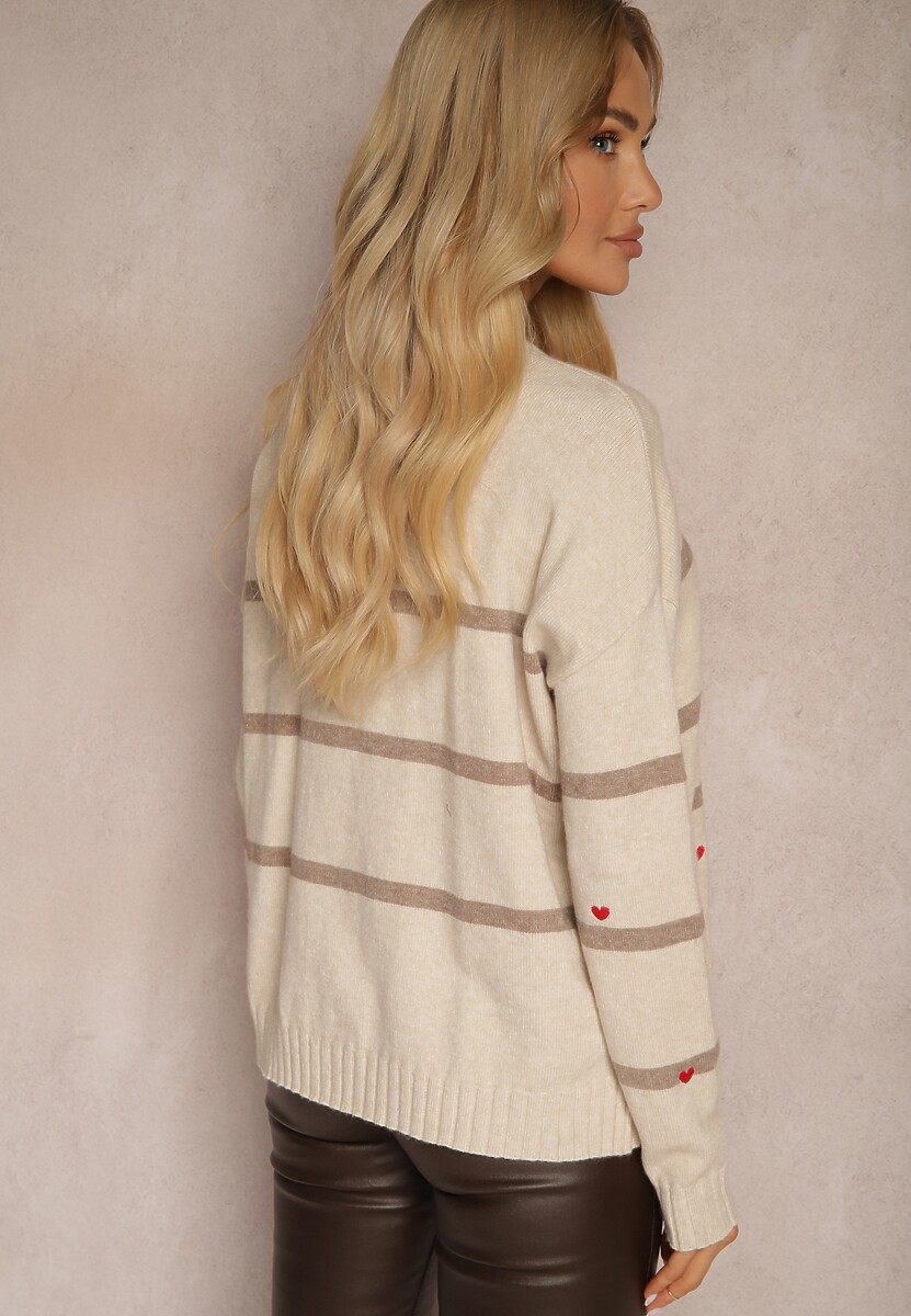 Beżowy Sweter w Paski Ozdobiony Haftowanymi Sercami Nerissea