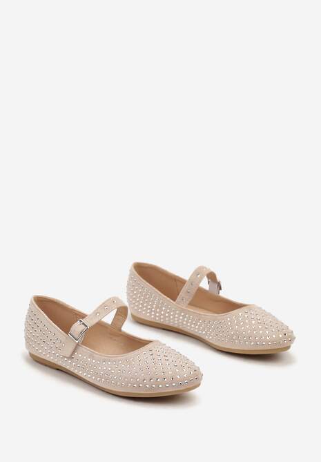 Beżowe Balerinki na Płaskiej Podeszwie w Stylu Mary Jane z Cyrkoniami i Ozdobnym Paskiem Ivilra