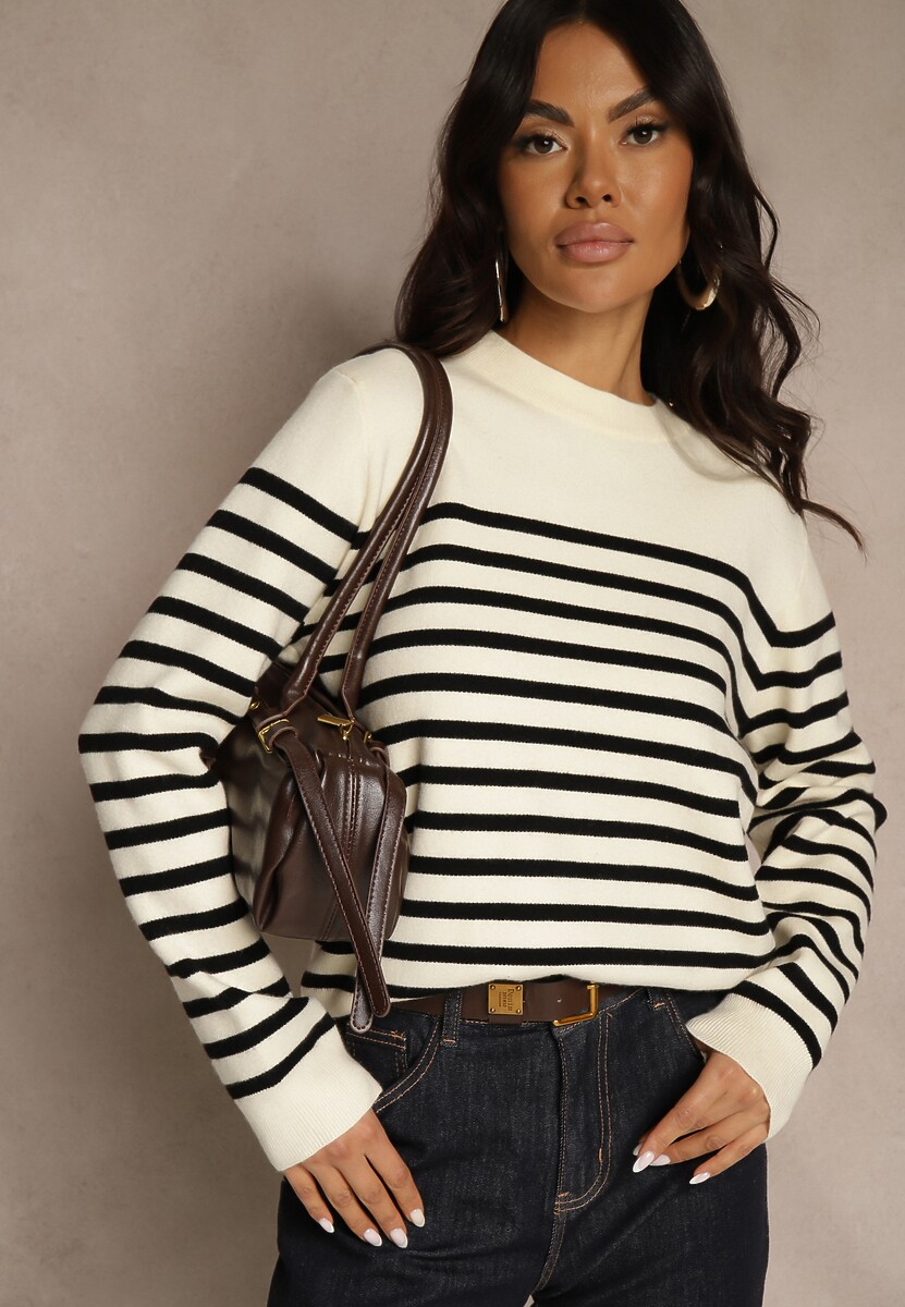 Czarno-Kremowy Sweter z Wiskozą w Paski Ozdobiony Guzikami Lilettia