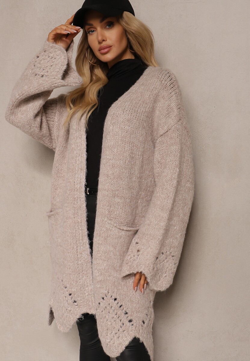 Beżowy Kardigan z Wełną Ozdobiony Wsuwanymi Kieszeniami i Ażurowym Motywem Elliosia